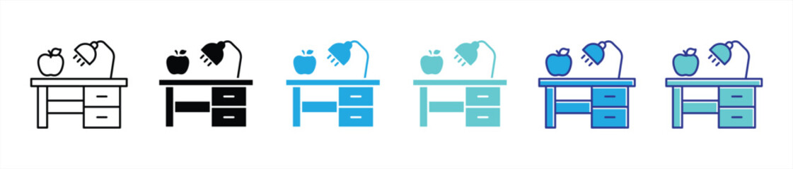 inspired learning space icon set. contain work desk, desk learning thin line and color style icon symbol sign for your app web. vector illustration