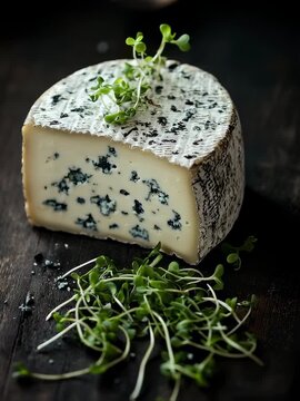 Exquisite Blue Cheese Still Life with Microgreens on a Dark Wooden Surface Video