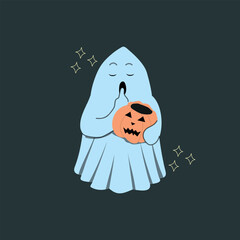 Cute ghost with pumpkin basket. Fall cute character greeting holiday. Vector hand drawn illustration