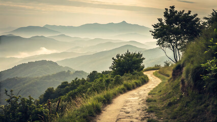 Winding Path to Serenity: A scenic path meanders through rolling hills and mountains, leading towards a tranquil horizon, creating a sense of peace and adventure.