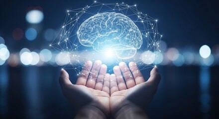 Hands holding glowing brain, conceptualizing intelligence, technology, innovation, neural networks, artificial intelligence, knowledge, learning, in a dark blue bokeh background.