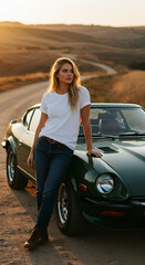 Woman leaning on vintage car in rural landscape at sunset
