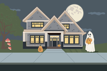 Horizontal vector illustration for Halloween. Full moon night scene with house and Halloween decorations.  