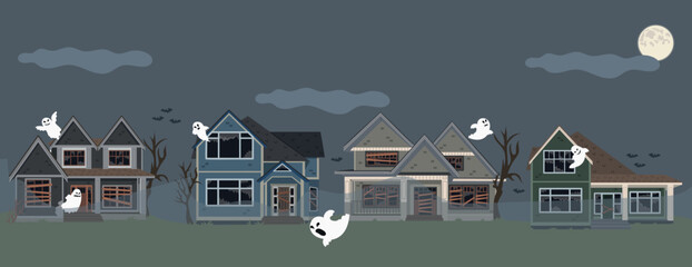 Halloween Seamless Border. Spooky village. Halloween Seamless Border. Spooky village. Haunted scene of houses, trees, ghost, bats and full moon. 