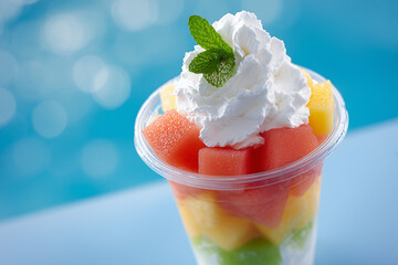 Fresh fruit dessert with whipped cream and mint by poolsid