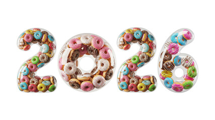 Bright 2026 text design make from colorful donuts
