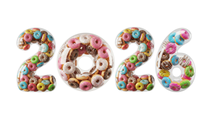 Bright 2026 text design make from colorful donuts