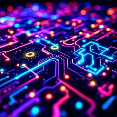 A vibrant close up of a circuit board with glowing neon lines and small circular light points
