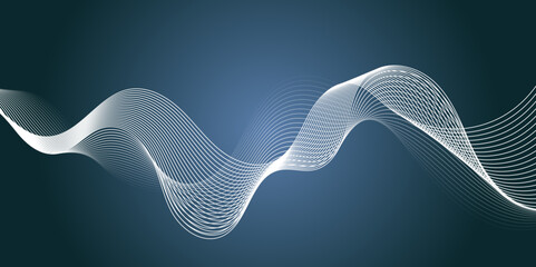 Abstract wave of luminous white lines, flowing dynamically against a deep blue-gray background, creating a modern and ethereal visual of sound or energy.