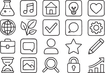Collection of simple hand drawn icons representing various concepts line art black and white