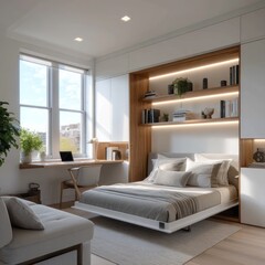 Fototapeta premium Compact bedroom design with built-in workspace and storage.