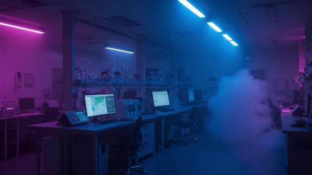 High-tech laboratory interior with glowing purple and blue lights, empty workstations, and scientific equipment. Suitable for science research, biotech, and World Science Day visuals.