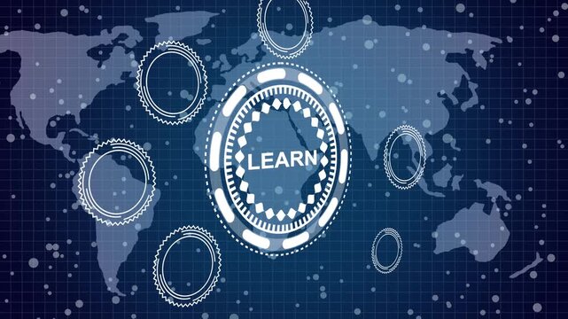 A Learn button on a clear projection .Blue wave digital data flow. Seamless loop technology network background concept . 3d animation and grid maps background.