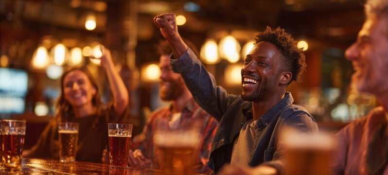 The joyful friends celebrating together at a lively pub with drinks.