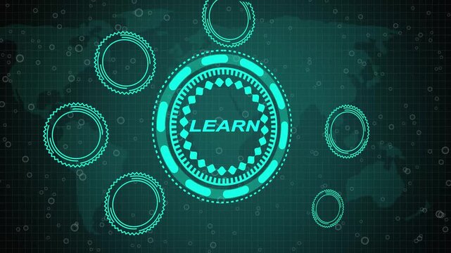A Learn button on a clear projection .Blue wave digital data flow. Seamless loop technology network background concept . 3d animation and grid maps background.