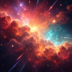 A vibrant nebula with shooting stars and colorful clouds in a cosmic space background view scene art