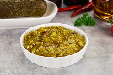 Souce gherkin relish with marinated cucumbers