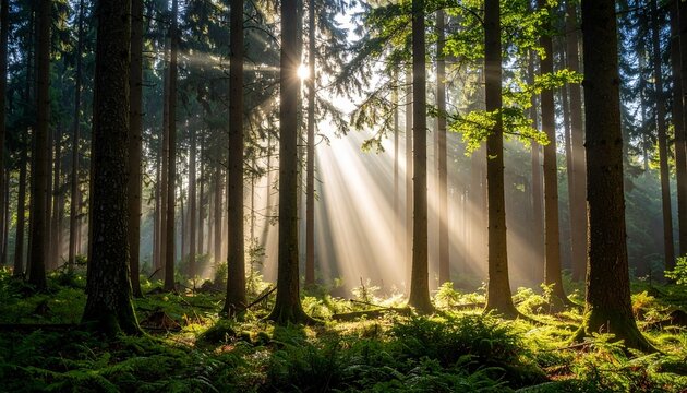Peaceful forest scene with tall green trees, sunbeams breaking through the canopy, soft mist on the ground, early morning light