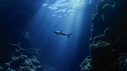 A shark glides through the deep ocean, surrounded by coral, as sunlight filters through water.