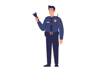 A police officer in uniform holds a flashlight standing on a white background