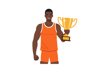A smiling brownskinned athlete in an orange uniform holding a golden trophy