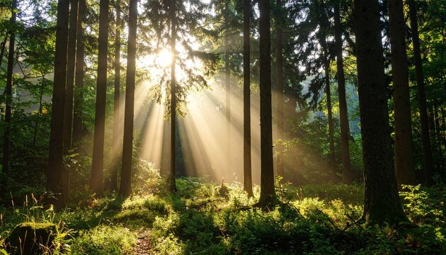 Peaceful forest scene with tall green trees, sunbeams breaking through the canopy, soft mist on the ground, early morning light
