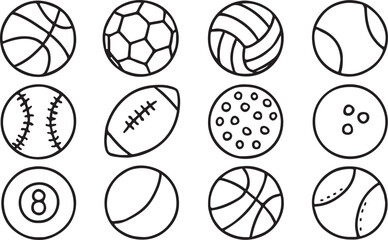 Diverse Sports Balls Collection Hand Drawn Line Art basketball soccer ball