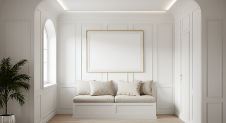Elegant white interior with a cozy bench