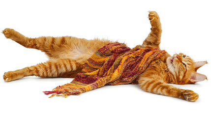 Fototapeta premium A ginger cat wearing a colorful scarf, lying on its back