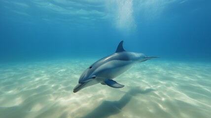Obraz premium A dolphin swims effortlessly in clear blue water, showcasing its sleek form and playful behavior.