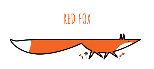 Red fox runs through grass and flowers to success. Modern Fox logo and emblem, concept for business. Vector illustration isolated on white background.