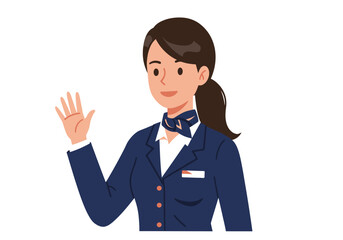 Air hostess waving wearing a blue suit and ponytail isolated on white