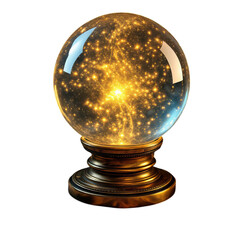 A glowing crystal ball with golden lights inside on a decorative stand against a black background