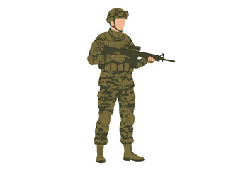 Camouflaged soldier holding rifle stands ready