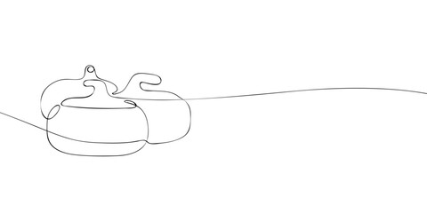 Three curling stones drawn in continuous line style on white background. Minimal contour illustration of winter sport equipment. Olympic curling match and ice competition concept.