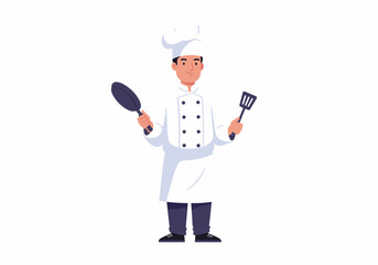 Cartoon chef holding skillet and spatula wearing white coat apron and hat