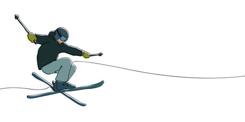 Fototapeta premium Freestyle skier performing aerial trick with crossed skis drawn in continuous line style and color fill. Winter sports and Olympic games concept for design and print.