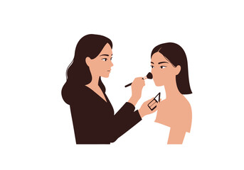 Cartoon of a makeup artist applying cosmetics to a woman with a brush