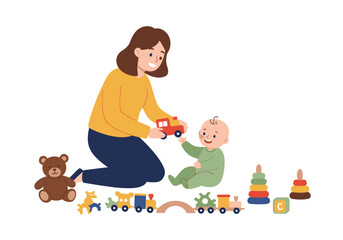 Cartoon of a woman and baby playing with toys on a white background