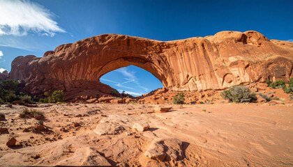 Natural Rock Arch in Desert Landscape Under Blue Sky