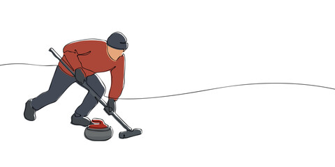 Curler sweeping ice in front of red-handled stone drawn in continuous line style with color fill. Vector illustration on white background. Winter sports and Olympic games concept for design and print.