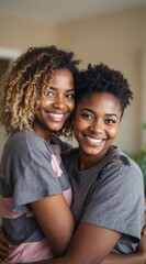 Smiling young women embrace in a warm indoor setting.