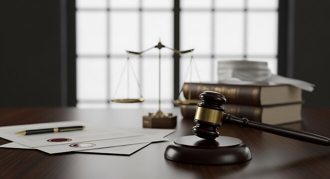 Courtroom Justice: Gavel, Scales, and Legal Documents on Wooden Table, Law, Judgement, Verdict Illustration - Powered by Adobe