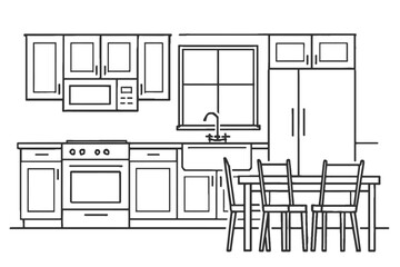 Modern Kitchen Interior Outline Illustration with Appliances and Dining Area