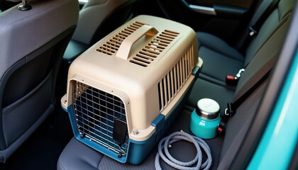 Pet travel essentials inside car: plastic carrier on back seat with leash and water bottle nearby. Comfortable and secure transportation setup. Perfect for road trips or vet visits...