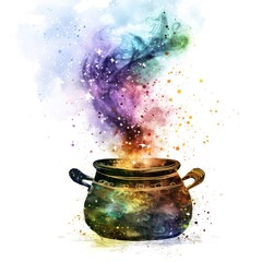 A colorful, magical cauldron with swirling smoke and sparkles