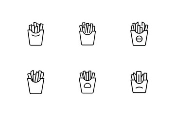 French Fries Icon Set: Happy, Neutral, Sad Expressions, Line Art Style