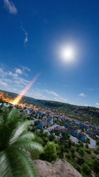Meteor Strike: A digital illustration of a town, dramatically impacted by a meteor strike, showcasing the raw power of nature and the scale of potential devastation from an overhead view.
