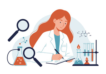 Scientist in lab coat notes data beakers flames test tubes nearby