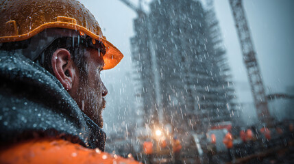 Construction worker safety during thunderstorm heavy rain at building site risk management hd image